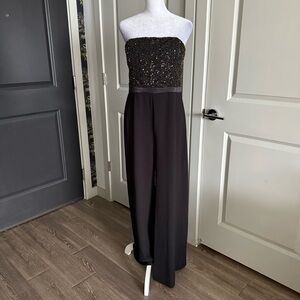 Halston Heritage Black Tie Formal Flowy Embellished Strapless Jumpsuit Size 6